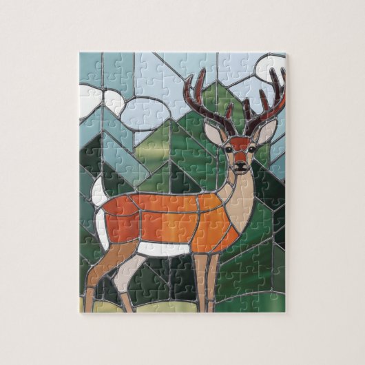 ステンドグラス美術、ステンドグラススタイル鹿アート ジグソーパズル (縦)