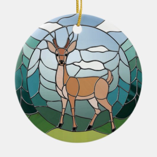 ステンドグラス美術、ステンドグラススタイル鹿アート セラミックオーナメント (正面)