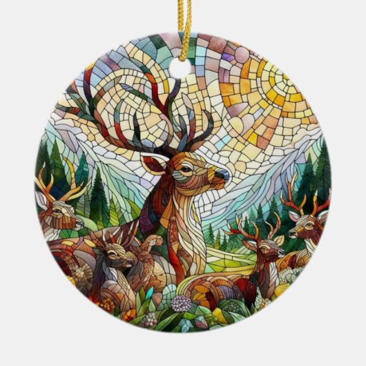 ステンドグラス美術、ステンドグラススタイル鹿アート セラミックオーナメント (正面)