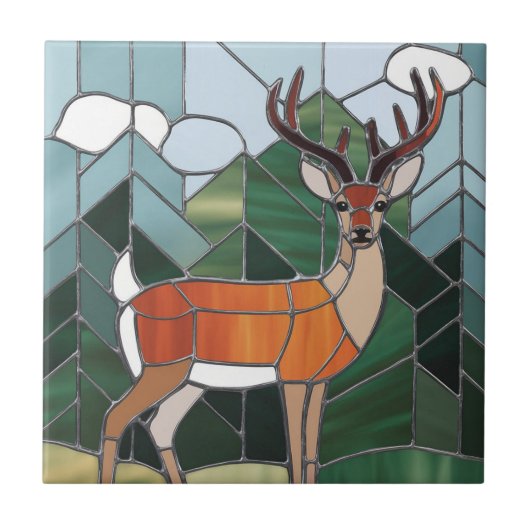 ステンドグラス美術、ステンドグラススタイル鹿アート タイル (正面)