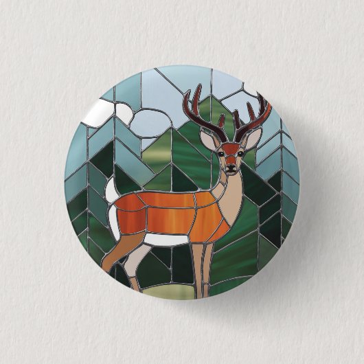 ステンドグラス美術、ステンドグラススタイル鹿アート 缶バッジ (正面)