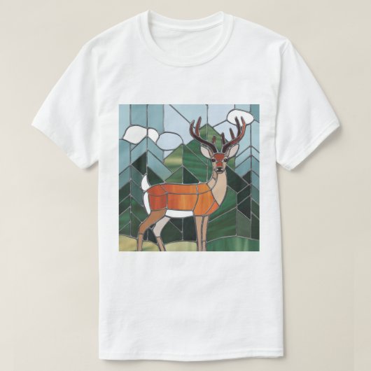 ステンドグラス美術、ステンドグラススタイル鹿アート Tシャツ (デザイン正面)