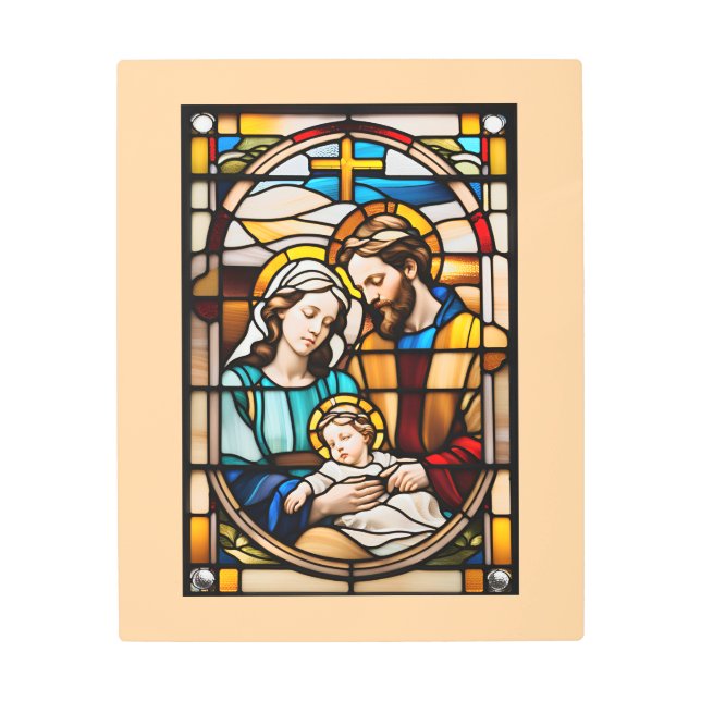 ステンドグラス聖なる家族メタルサインカトリック メタルプリント (正面)