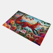 ステンドグラス赤いキツネと花 ドアマット (アングル)