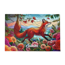 ステンドグラス赤いキツネと花