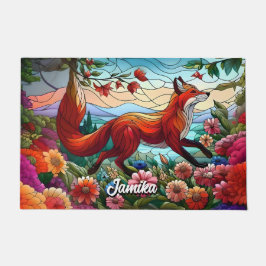 ステンドグラス赤いキツネと花 ドアマット