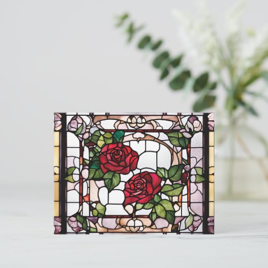 ステンドグラス赤いバラフローラモザイク ポストカード (スタンド正面)