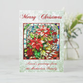 ステンドグラス赤クリスマスフラワーグリーングリッター シーズンカード (スタンド正面)