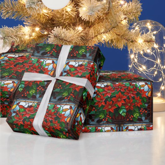 ステンドグラス赤ポインセチア花と果実 ラッピングペーパー (クリスマス)