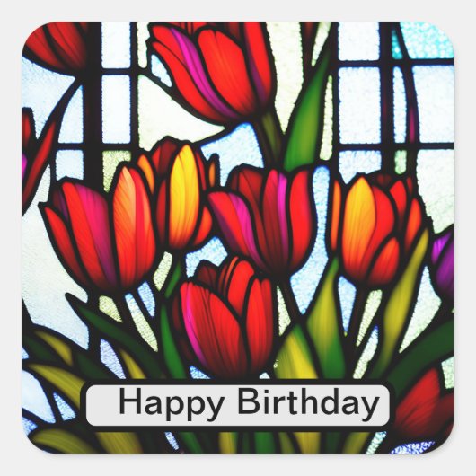 "ステンドグラス開花：色の鉛灯チューリップ" スクエアシール (正面)