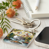 ステンドグラス間抜けアート、ガチョウのステンドグラス キーホルダー (正面右)