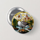 ステンドグラス間抜けアート、ガチョウのステンドグラス 缶バッジ (正面&裏面)