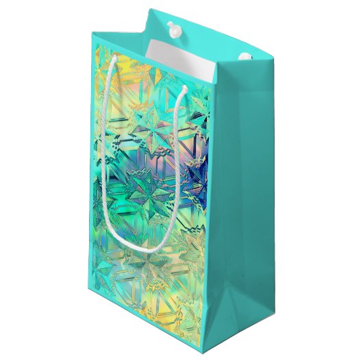 ステンドグラス雪片カラフルティール（緑がかった色）ピンクイエロー スモールペーパーバッグ (正面アングル)
