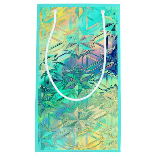 ステンドグラス雪片カラフルティール（緑がかった色）ピンクイエロー スモールペーパーバッグ (正面)