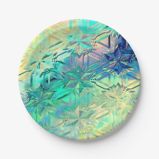 ステンドグラス雪片カラフルティール(緑がかった色)ピンクイエロー ペーパープレート (正面)
