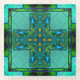 ステンドグラス青白い十字(緑と金ゴールド) ガラスコースター