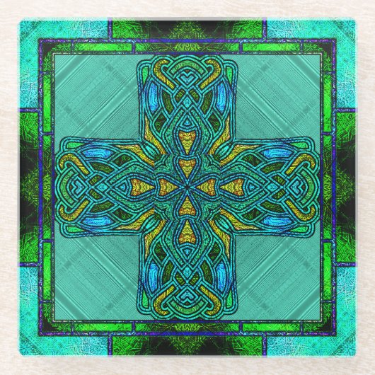 ステンドグラス青白い十字(緑と金ゴールド) ガラスコースター (正面)
