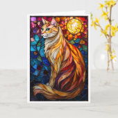 ステンドグラス風のふわふわオレンジと白の猫 カード (黄色い花)