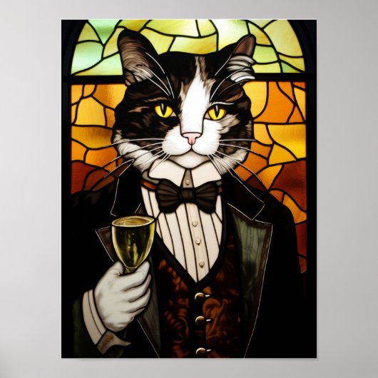 ステンドグラス風のダンディなタキシード猫 ポスター (正面)