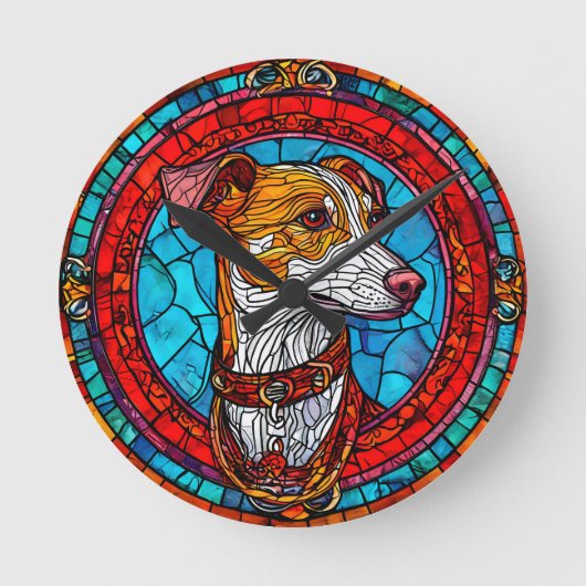 ステンドグラス風の犬のデザインアート ラウンド壁時計 (正面)