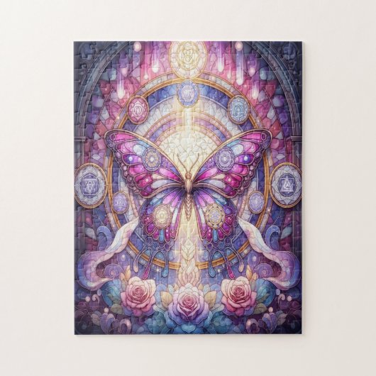 ステンドグラス風の神秘的な蝶 ジグソーパズル (縦)