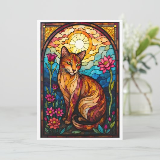 ステンドグラス風オレンジ色のねこちゃんとピンクのお花 カード (スタンド正面)