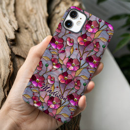 ステンドグラス風カラフルピンクフラワーパターン iPhone 16ケース