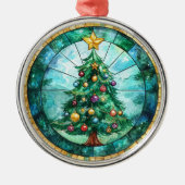 ステンドグラス風クリスマスツリーと星のホリデー飾り メタルオーナメント (正面)