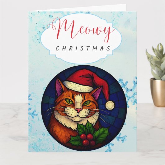 ステンドグラス風クリスマス オレンジタビー猫 カード (小さな植物)