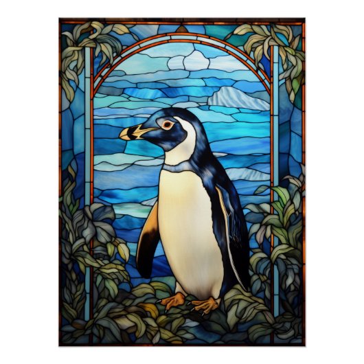 ステンドグラス風ペンギンの海岸インテリア ポスター (正面)