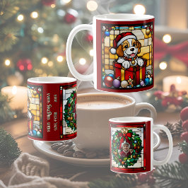 ステンドグラス風ラッピングされたクリスマスパピー  コーヒーマグカップ