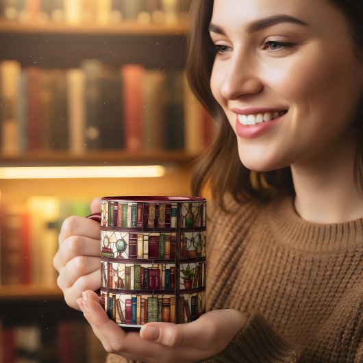 ステンドグラス風本棚 コーヒー 本好き マグカップ