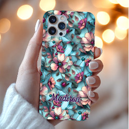 ステンドグラス風紫青の花柄 iPhone 16ケース