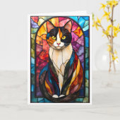 ステンドグラス風 チャーミングな三色猫 カード (黄色い花)
