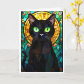 ステンドグラス風 チャーミングな黒猫 緑の目 カード (黄色い花)