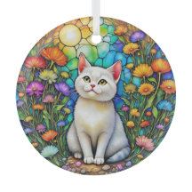 ステンドグラス風 猫と野の花のガラスオーナメント