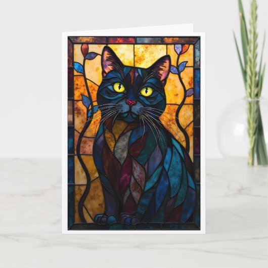 ステンドグラス風 黒猫と葉 カード (正面)
