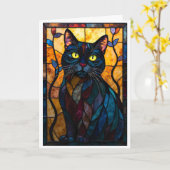 ステンドグラス風 黒猫と葉 カード (黄色い花)