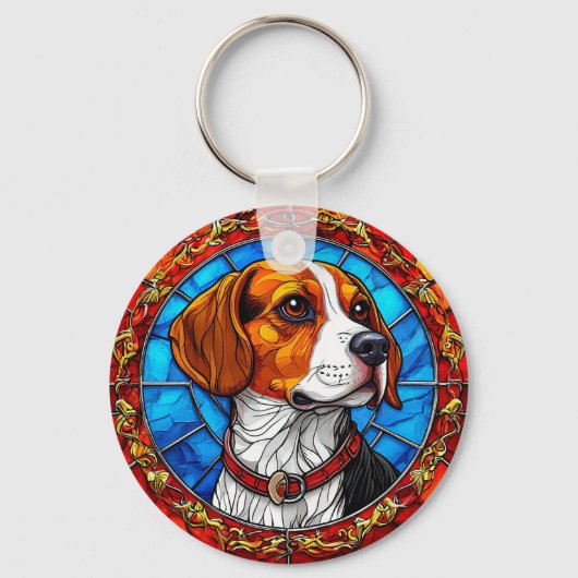 ステンドグラス鮮やかアートのビーグル犬 キーホルダー (正面)