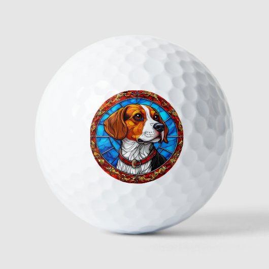 ステンドグラス鮮やかアートのビーグル犬 ゴルフボール (正面)