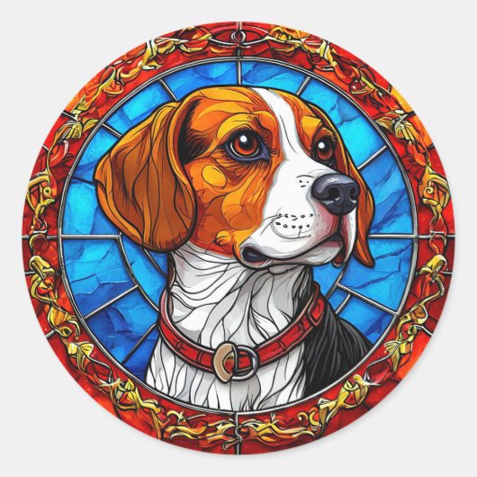 ステンドグラス鮮やかアートのビーグル犬 ラウンドシール (正面)