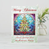 ステンドグラス鮮やかクリスマスツリーグリーングリッター シーズンカード (スタンド正面)