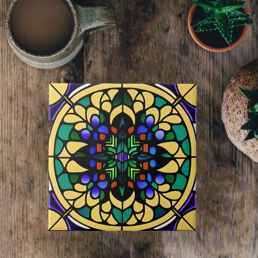 ステンドグラス黄色のカラフルアールデコアートワーク タイル