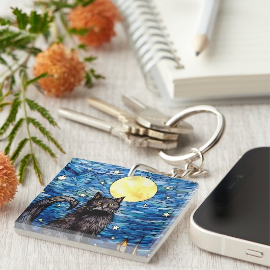 ステンドグラス黒猫の星空の夜 キーホルダー (正面右)