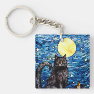 ステンドグラス黒猫の星空の夜 キーホルダー
