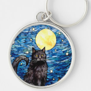 ステンドグラス黒猫の星空の夜 キーホルダー