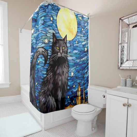ステンドグラス黒猫の星空の夜 シャワーカーテン (インサイチュ)