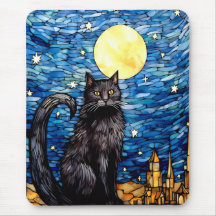 ステンドグラス黒猫の星空の夜
