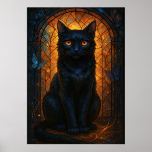 ステンドグラス黒猫ファンタジー作品 ポスター