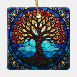 ステンドグラス・アート、命の木ステンドグラス セラミックオーナメント